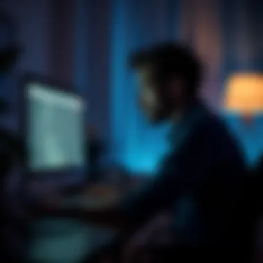 An individual focused on coding on their computer in a quiet environment.