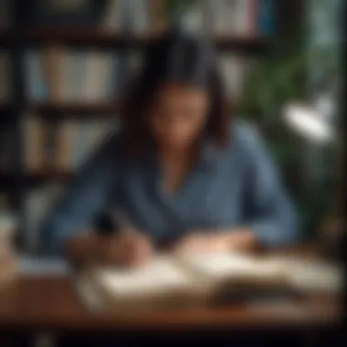 A person engrossed in reading and research, surrounded by books.