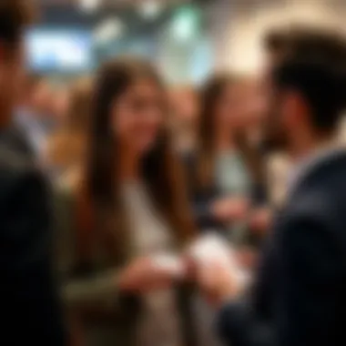 A young person networking at an event, exchanging ideas and business cards.