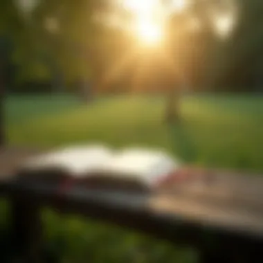 Nature scene with a journal resting on a wooden bench