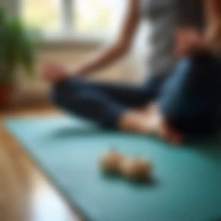 A close-up of a yoga mat with calming elements, indicating mindfulness through exercise.